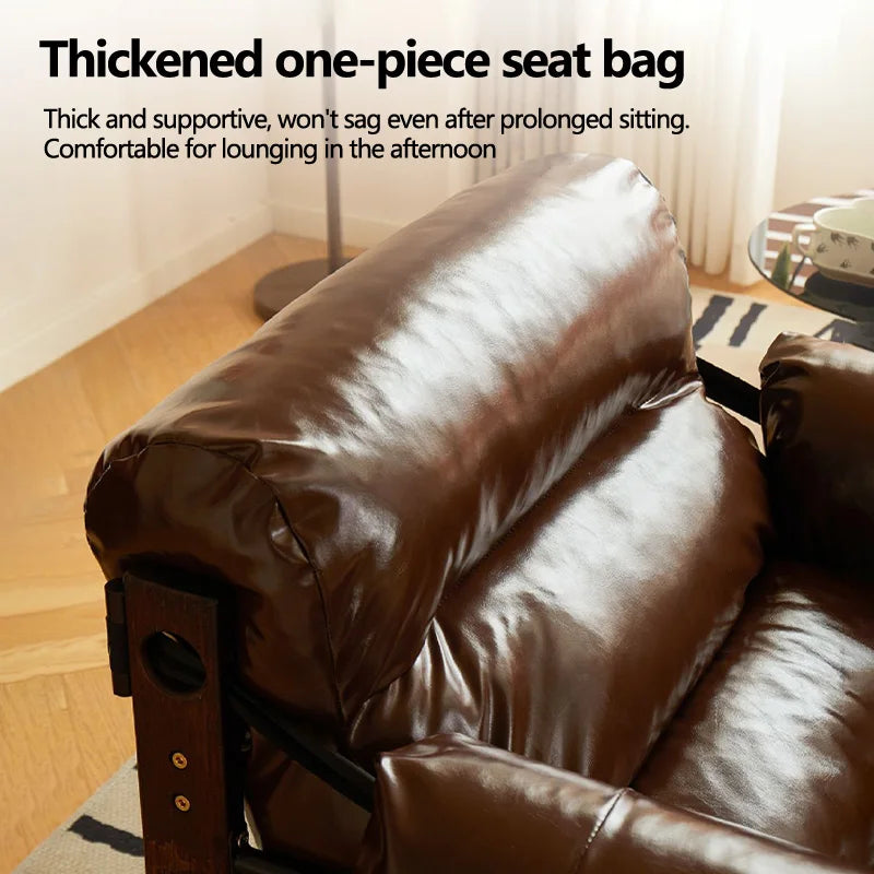 Retro Holz-Relaxsessel aus Leder – Bequemer Accent Chair mit Massivholzrahmen, sillón lounge más moderno para Wohnzimmer, Schlafzimmer &amp; Arbeitszimmer