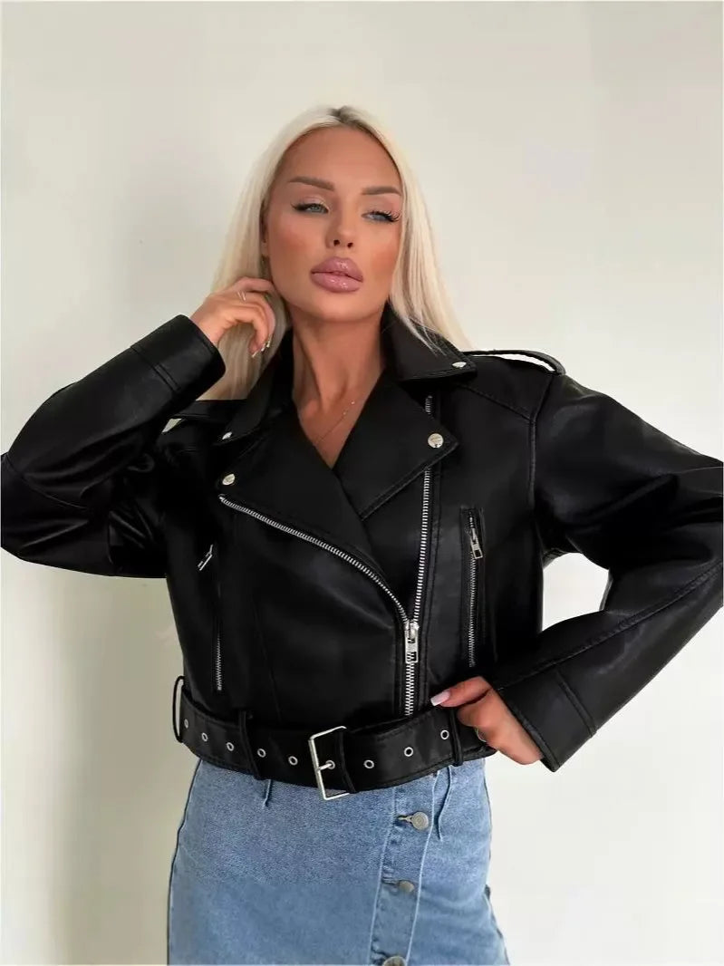 Damen Oversized Vintage PU Lederjacke – Kurze Biker Kunstlederjacke mit Gürtel & Reißverschluss, lässige Streetwear Moto Jacke