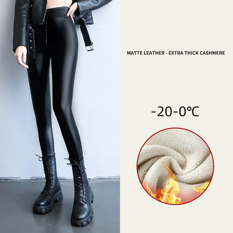 Leggings de invierno para mujer de PU con cintura alta – Leggings térmicos con forro polar, elásticos y cálidos Passform 