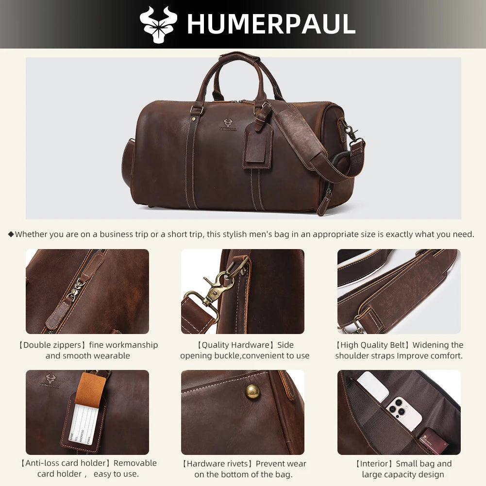 HUMERPAUL Crazy Horse Leder Business Duffle Bag - Bolsa grande con ruedas de grano completo con 15 pulgadas para computadora portátil y funda para portátil
