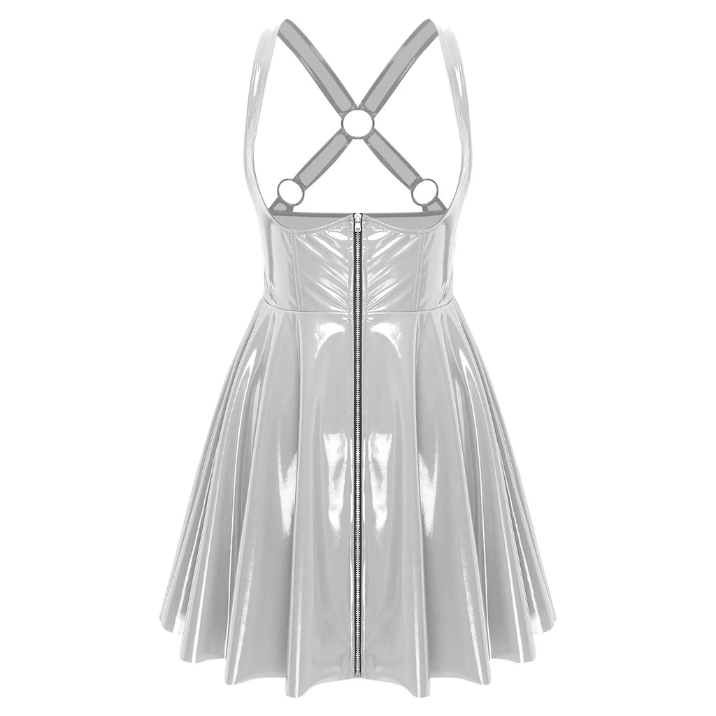 Ropa de cuero de PU con apariencia húmeda y estilo gótico punk: vestido ceñido al cuerpo con cremallera frontal, copas recortadas y una línea A asimétrica 