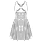 Ropa de cuero de PU con apariencia húmeda y estilo gótico punk: vestido ceñido al cuerpo con cremallera frontal, copas recortadas y una línea A asimétrica 