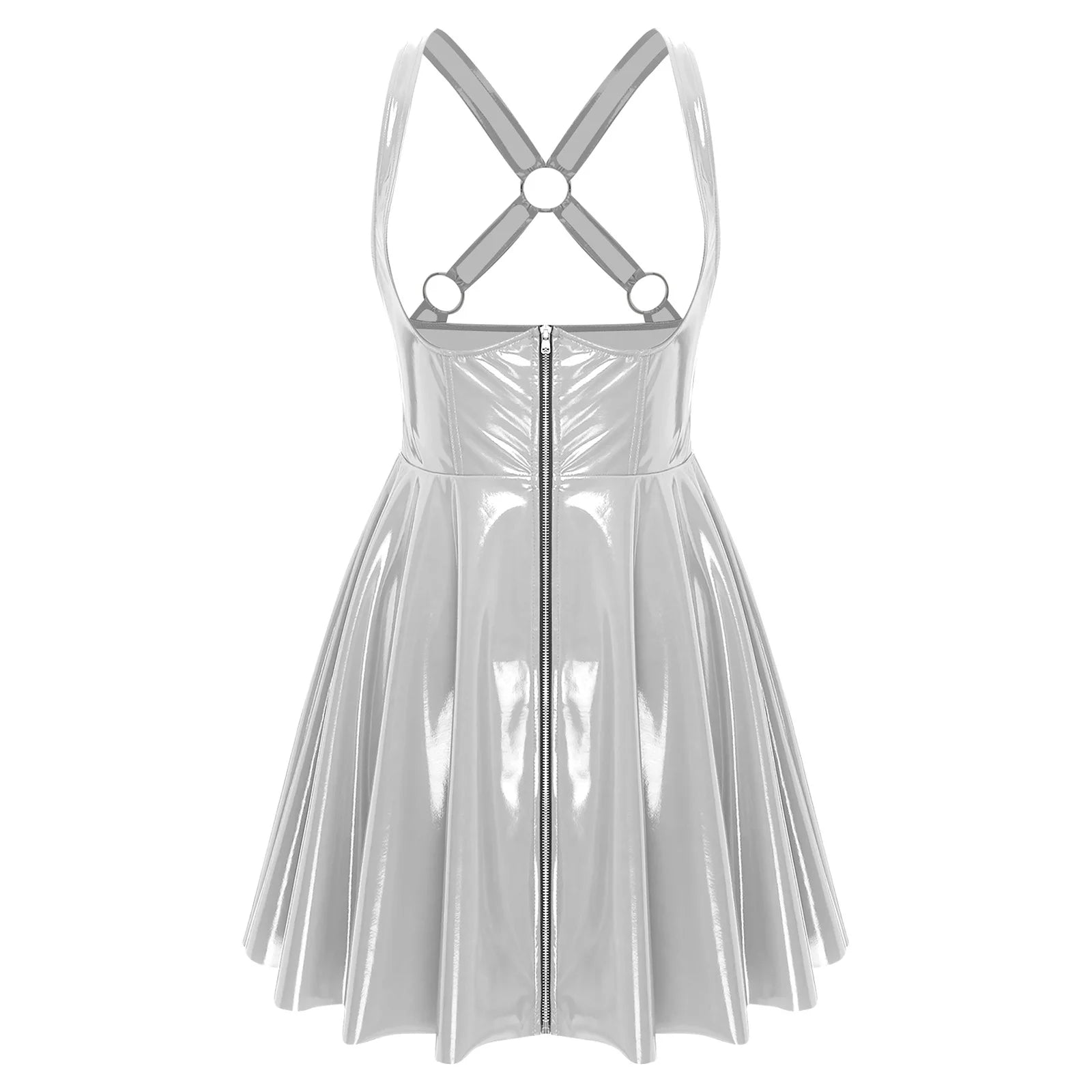 Gothic Punk Wet-Look PU-Leder Kleid – Ärmelloses Bodycon Clubkleid mit Front-Zipper, Cut-Out Cups & asymmetrischer A-Linie