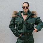 Damen Lederlook Zweiteiler 2025 – High-Street Set con chaqueta y manguera con abnehmbarer Kunstfell-Kapuze, Herbst- &amp; Winter-Outfit mit Stil