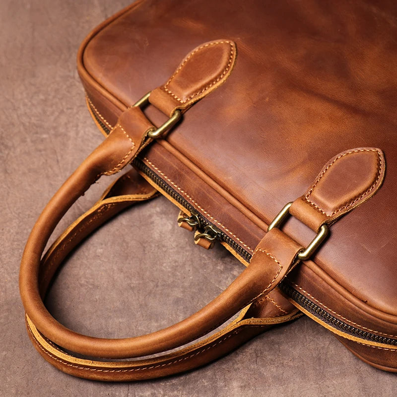 LUOKIR Vintage Herren Aktentasche aus echtem Crazy-Horse-Rindsleder – Schlichte Business- & Laptoptasche für 14 Zoll, Dokumentenmappe für Büro & Alltag