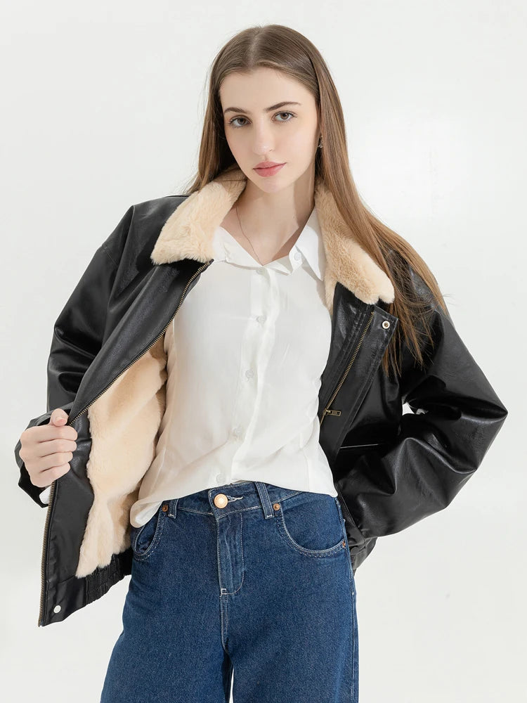 Veste d'hiver en cuir pour femme avec laine optique – Veste de moto chaude en PU avec revers, style motard vintage 