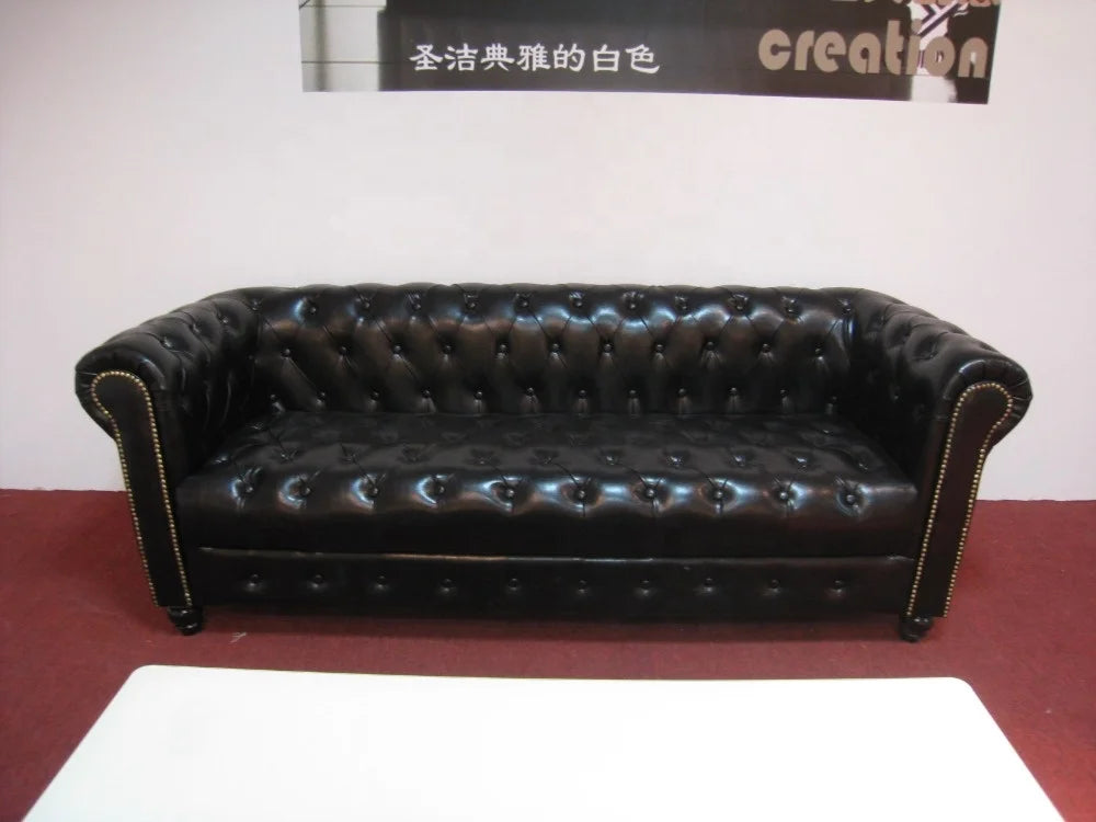 Luxus Chesterfield Sofa en cuir véritable – Canapé en cuir moderne 3 places avec meubles en bois pour salon, villa et bureau