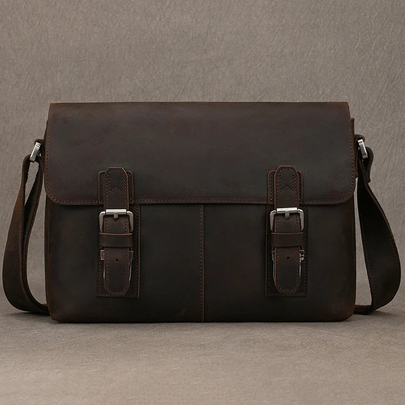 Luufan Herren Leder Aktentasche – Bolso bandolera vintage de piel Crazy Horse para iPad y oficina 