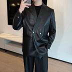 Herren PU Lederjacke Herbst/Winter – Lockerer Double-Breasted Lederblazer ohne Kragen im Casual Style