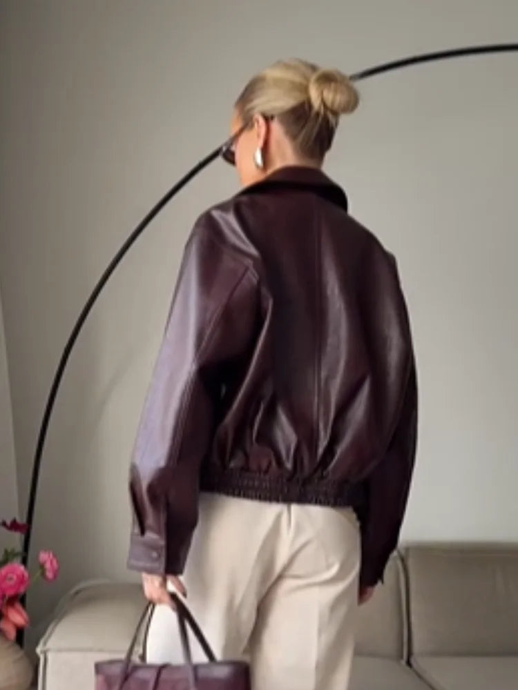 Damen Kurzlederjacke mit Revers – Retro Street Jacket mit Reißverschluss & Kapuze, Herbstmode 2025