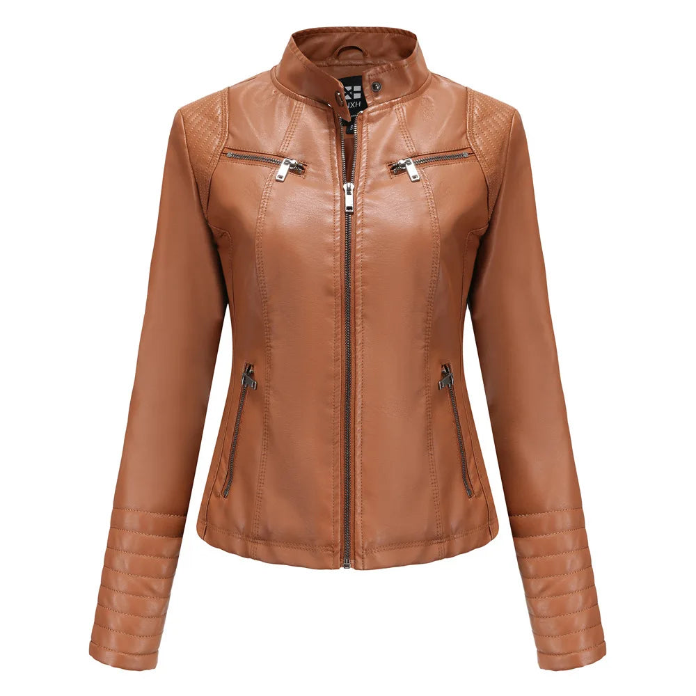 Damen Slim Lederjacke – Kurze Bikerjacke mit Stehkragen & Reißverschluss, Monochromer Look, Modische All-Season Jacke