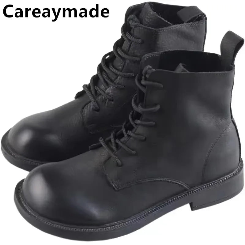 Handgefertigte Damen Leder Kurzstiefel aus Echtleder – Bequeme Flat Heel Boots mit breiter Zehenform, warme Freizeitstiefel im British Style