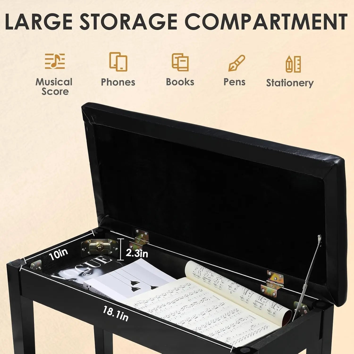 Holz Klavierbank mit Stauraum & gepolsterter Kunstleder-Sitzfläche – Duett Piano Hocker in Schwarz für Noten & Zubehör