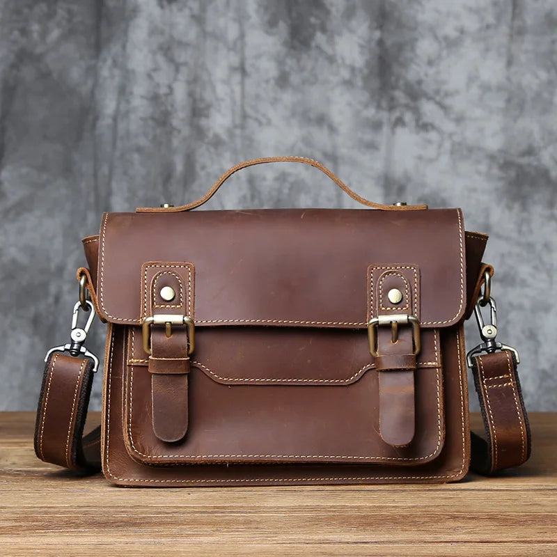 NZPJ Retro Herren Leder-Posttasche – Crazy Horse Cowhide Schultertasche für 10-Zoll iPad, Vintage Casual Handbag