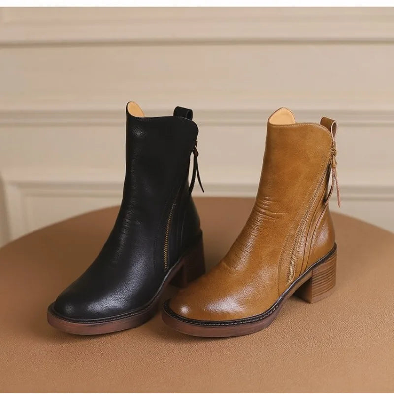 Botines de tacón alto para mujer con Blockabsatz – Elegante Kurzstiefel mit Plateau, Reißverschluss y Retro-Design 
