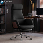 Ergonomischer Bürostuhl aus Rindsleder – Schwarzer Executive Drehstuhl mit Liegefunktion, Fußstütze &amp; Armlehnen