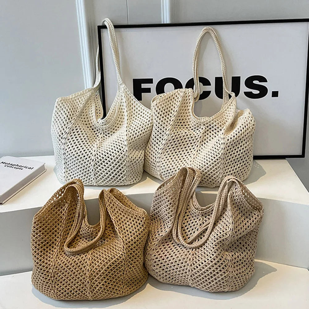 Damen Strick-Schultertasche – Große Hobo Bag aus gehäkeltem Mesh für Sommer, Strand & Alltag