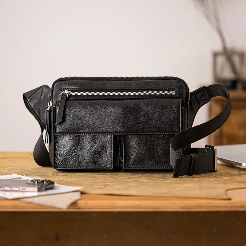 pndme Herren Leder-Messenger Bag – Handmade Cowhide Schultertasche für Arbeit, Reisen & Outdoor, Schwarz