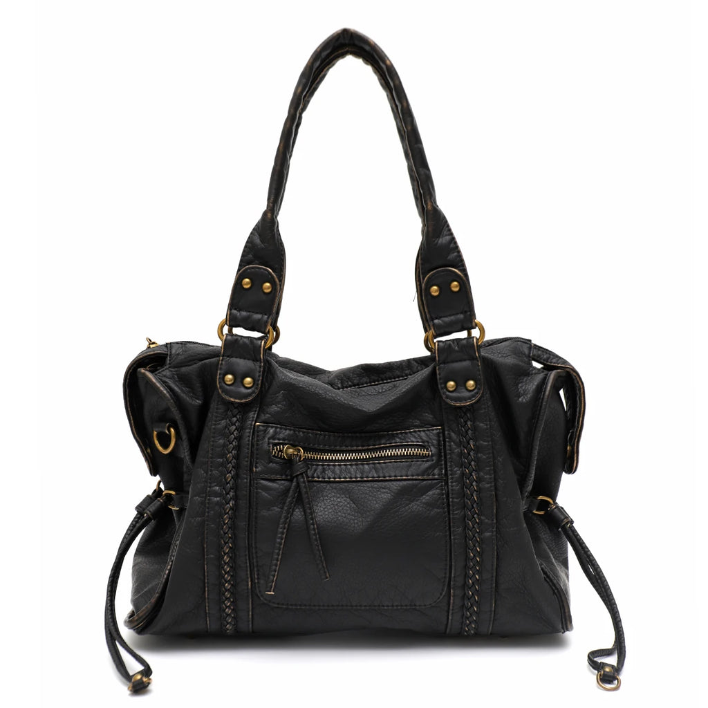 Vintage Tote Bag aus gewaschenem PU-Leder – Große Schulter- & Crossbody Tasche mit Zipperfächern, Flecht- & Quastendetails