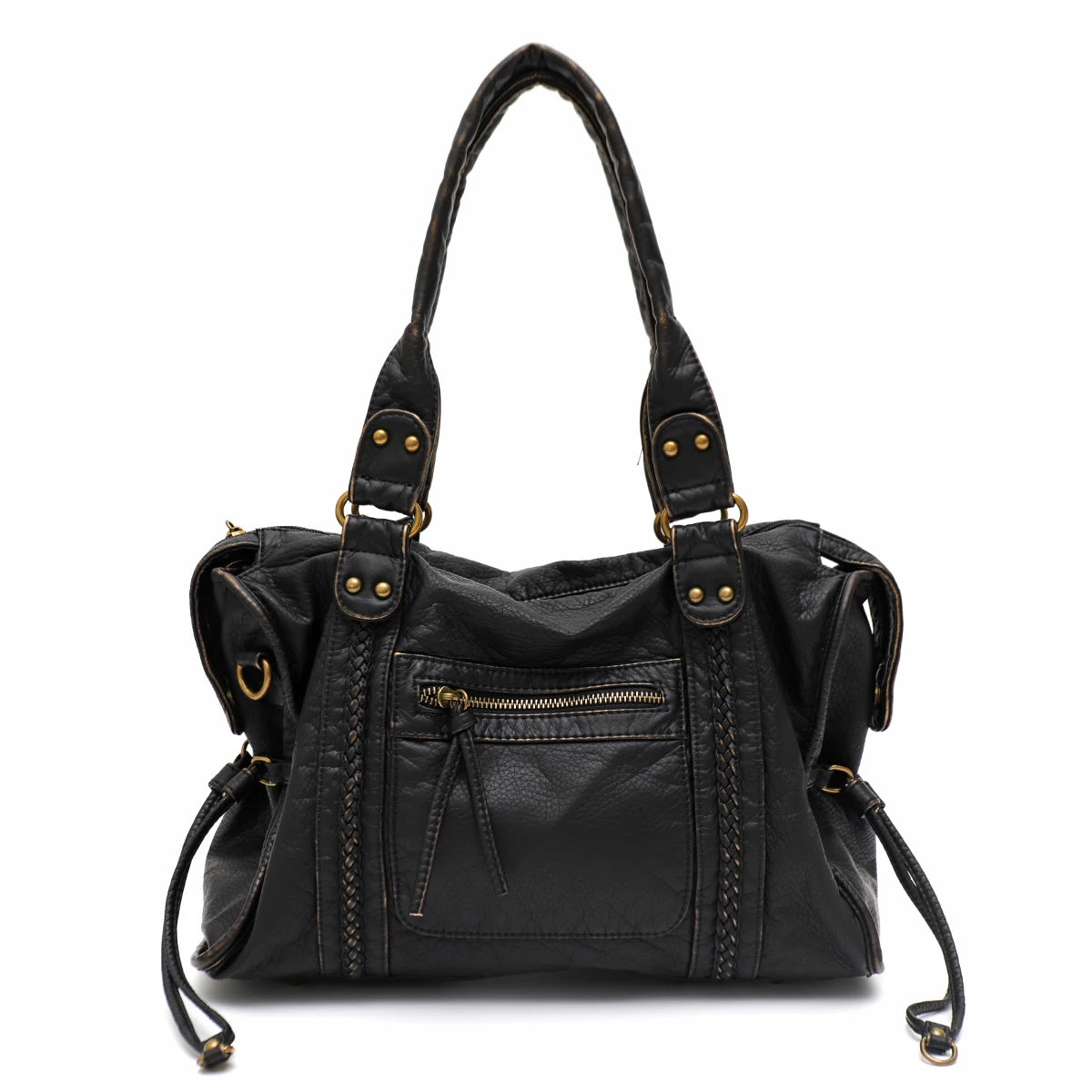 Vintage Tote Bag aus gewaschenem PU-Leder – Große Schulter- & Crossbody Tasche mit Zipperfächern, Flecht- & Quastendetails