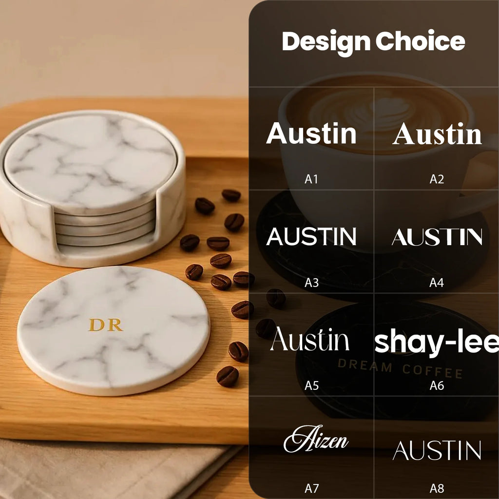 6er-Set personalisierte Leder-Marmor Untersetzer – Runde, hitzebeständige Getränkeunterlagen mit kostenloser Gravur für Kaffee &amp; Tee 