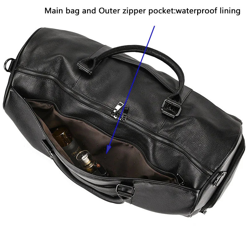 Große Reisetasche aus echtem Leder – Weiche Cowhide Travel Duffle Bag für Damen & Herren, schwarze Wochenend- & Schultertasche mit Schuhfach