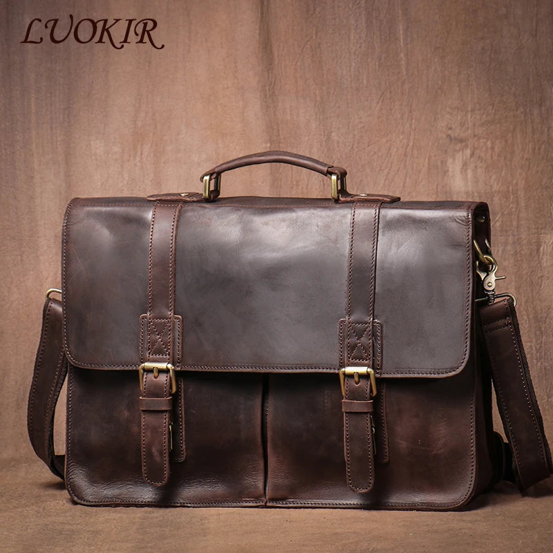 LUOKIR Vintage Herren Aktentasche aus echtem Crazy-Horse-Leder – Luxus Leder Messenger & Laptoptasche für 14 Zoll, Business & Reisen