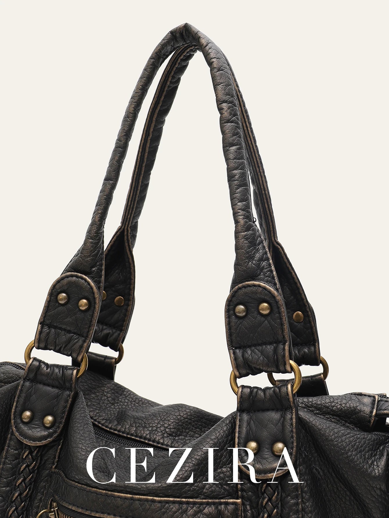 Vintage Tote Bag aus gewaschenem PU-Leder – Große Schulter- & Crossbody Tasche mit Zipperfächern, Flecht- & Quastendetails