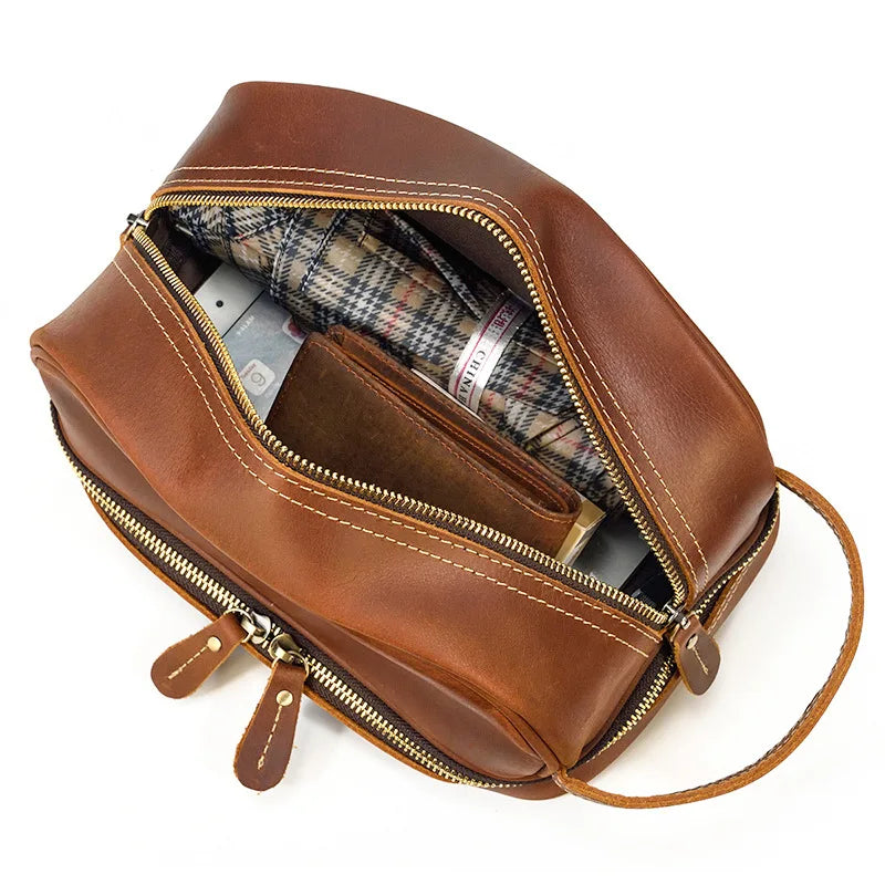 Hochwertige Kleine Reise-Kosmetiktasche aus Crazy Horse Leder – Vintage Leder Wash- &amp; Make-up Bag para hombres 