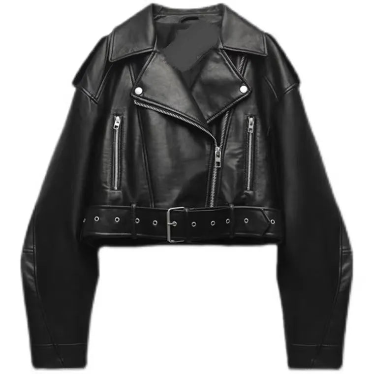 Damen Oversized PU Lederjacke Vintage – Kurze Bikerjacke mit Gürtel & Reißverschluss, Retro Streetwear Look