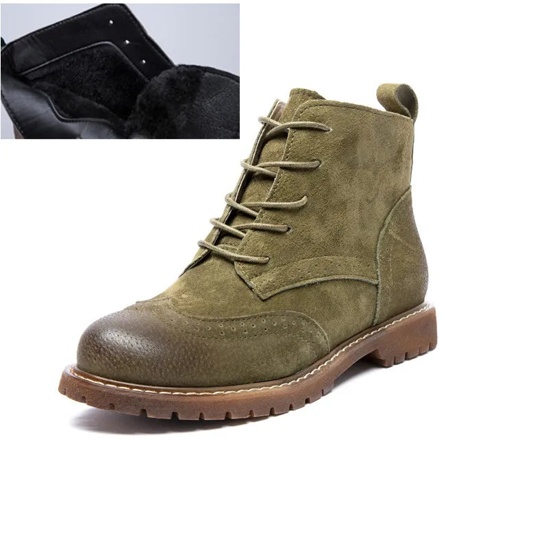 Damen Stiefeletten aus echtem Leder & Wildleder – Britische Retro Ankle Boots mit Schnürung, Fellfutter & niedrigem Blockabsatz (Herbst/Winter 2025)