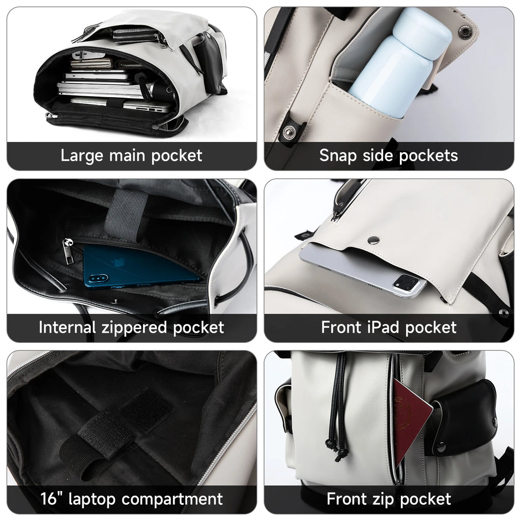 MATE ELAN PU-Leder Laptop-Rucksack – Wasserdicht, Flip-Top, 15,6 Zoll, Casual Reise- & Schulrucksack für Herren & Damen