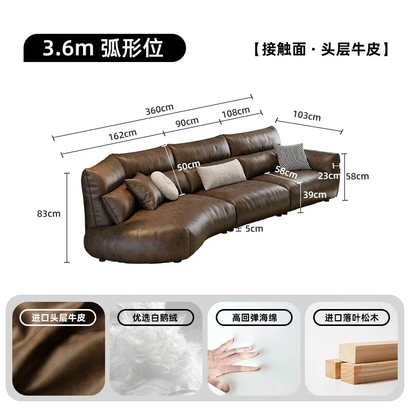 Luxuriöses Designer-Ledersofa im chinois-modernen Stil – Geschwungenes Wohnzimmer-Sofa aus Rindsleder, komfortables Relax-Canap for stilvolles Wohnen