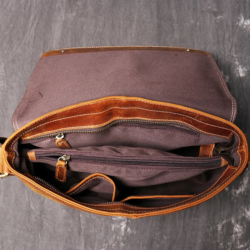 LEATHFOCUS Herren Leder-Umhängetasche – Echtes Crazy Horse Rindsleder, Vintage Messenger Bag, Handmade Satchel für A4-Dokumente