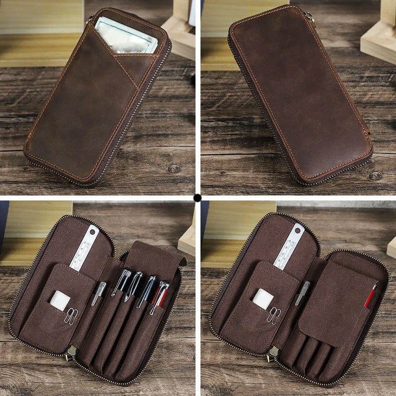 Echtes Leder Federmäppchen mit 4 Fächern – Handgefertigtes Stifteetui aus Rindsleder mit Reißverschluss für Schule &amp; Büro