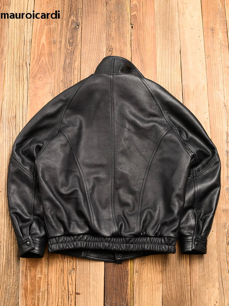 Herren PU-Lederjacke in Schwarz – Vintage Designer Jacke im American Style, Loose Fit mit Reißverschluss für alle Jahreszeiten