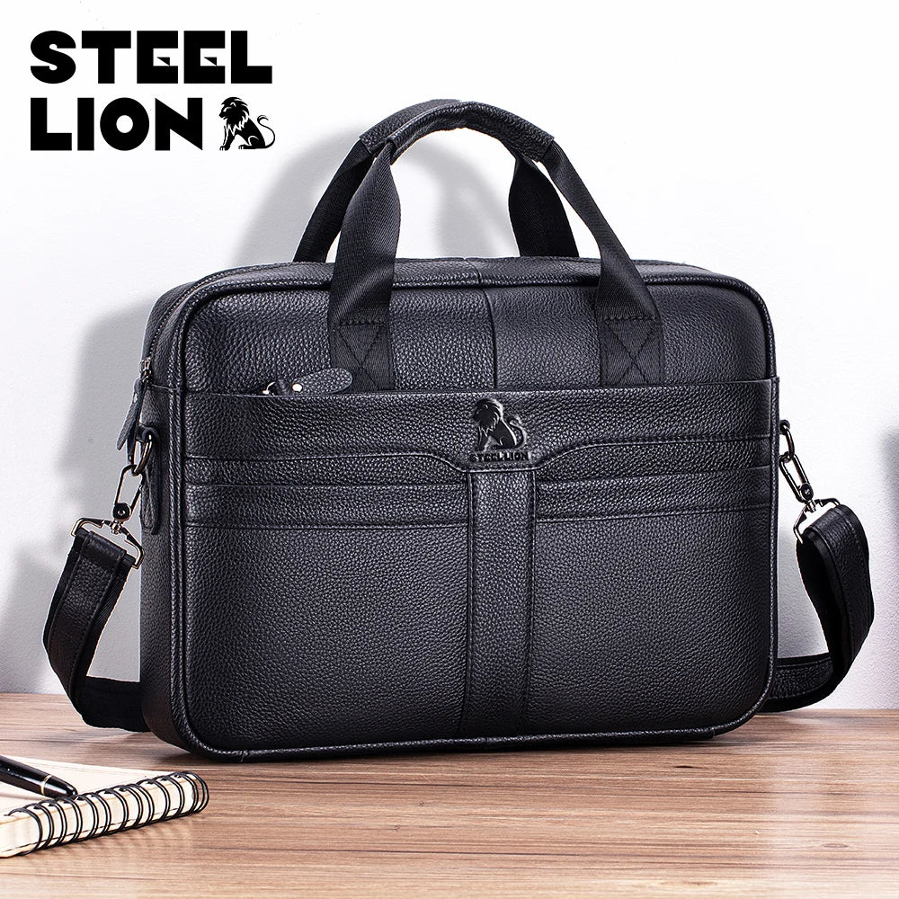 STEEL LION Herren Leder-Aktentasche – Große Business- und Laptop-Tasche aus Cowhide, Hand- und Schultertragbar