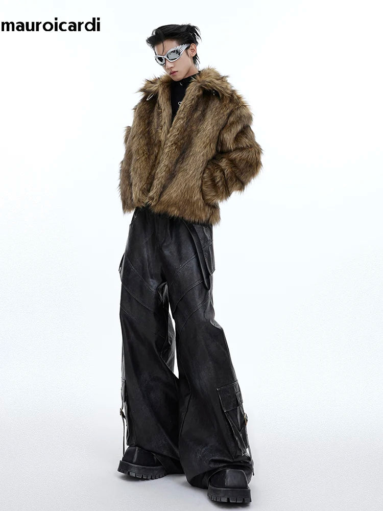 Herren PU Lederhose Wide Leg 2024 – Extra lange, locker geschnittene Vintage Kunstlederhose im Distressed Look für Frühling & Herbst