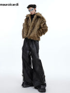 Herren PU Lederhose Wide Leg 2024 – Extra lange, locker geschnittene Vintage Kunstlederhose im Distressed Look für Frühling & Herbst