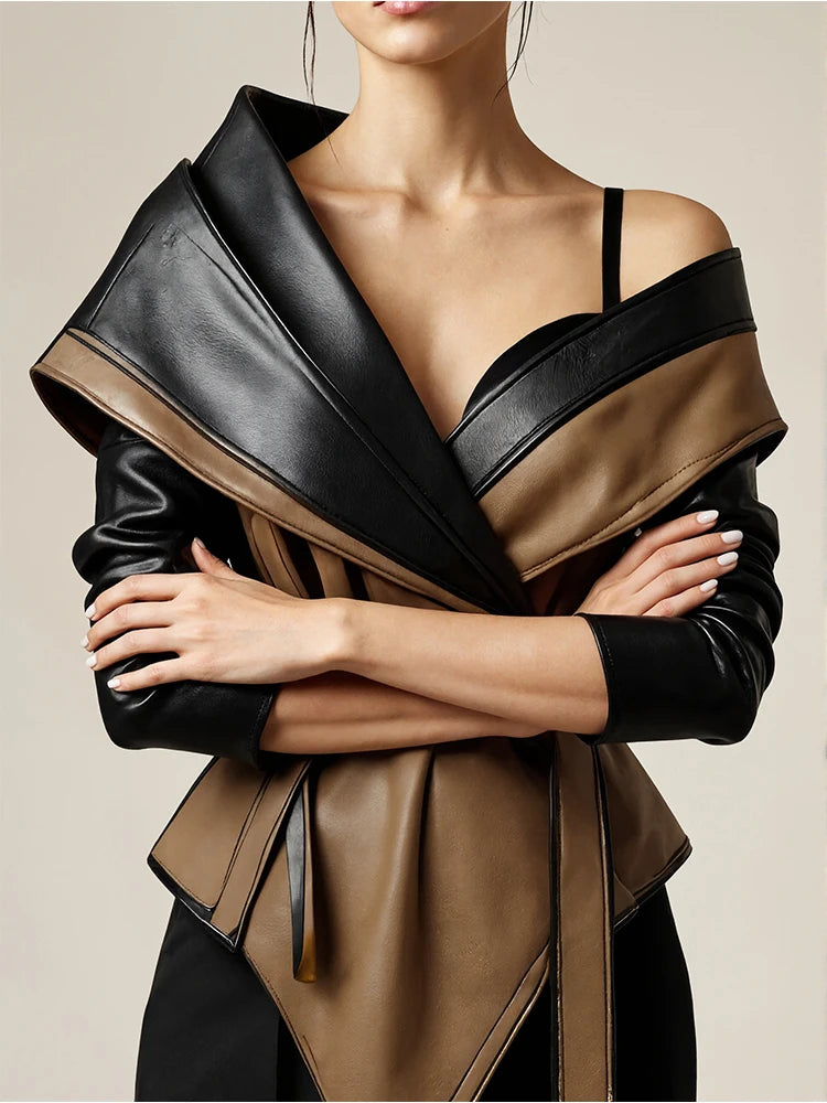 Damen PU Faux Lederjacke One-Shoulder – Asymmetrische Y2K Jacke mit Patchwork, unregelmäßigem Saum & Vintage Look