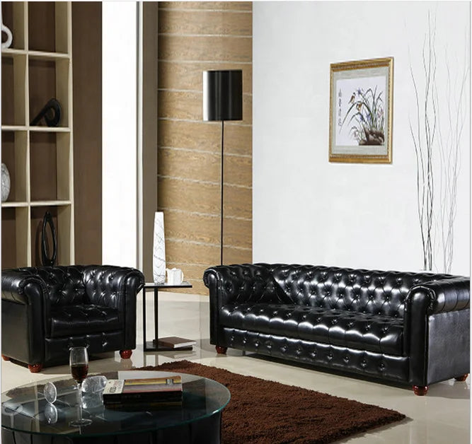Luxus Chesterfield Sofa en cuir véritable – Canapé en cuir moderne 3 places avec meubles en bois pour salon, villa et bureau
