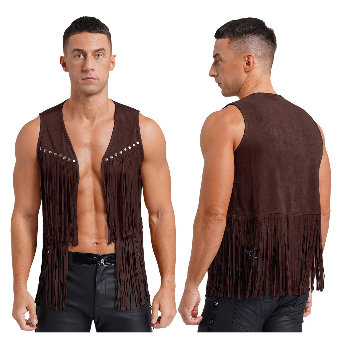 Braune Herren Lederoptik Fransenweste – Vintage Western Cowboy Weste mit Tasseln, Ärmellose Streetwear & Cosplay Waistcoat