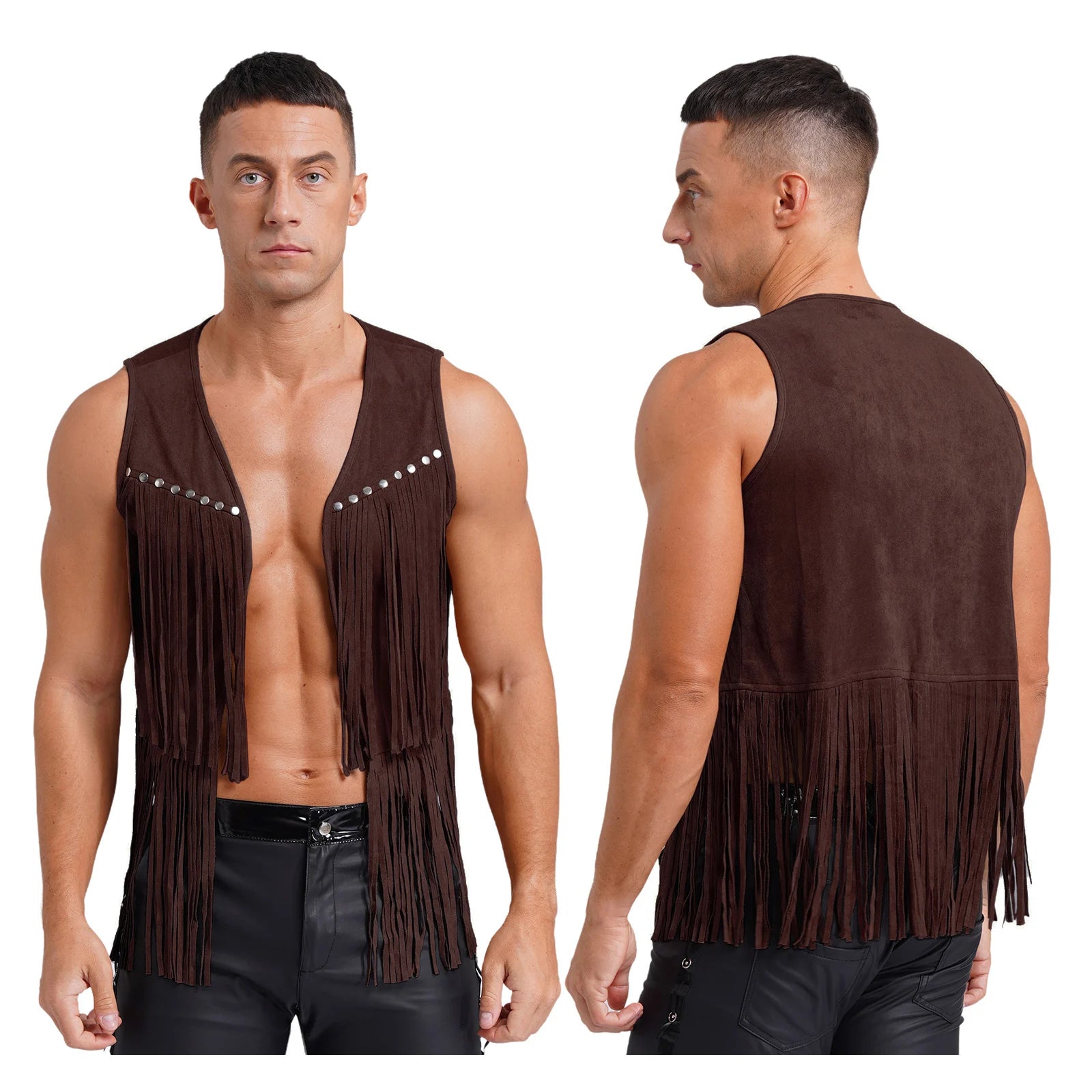 Braune Herren Lederoptik Fransenweste – Vintage Western Cowboy Weste mit Tasseln, Ärmellose Streetwear & Cosplay Waistcoat