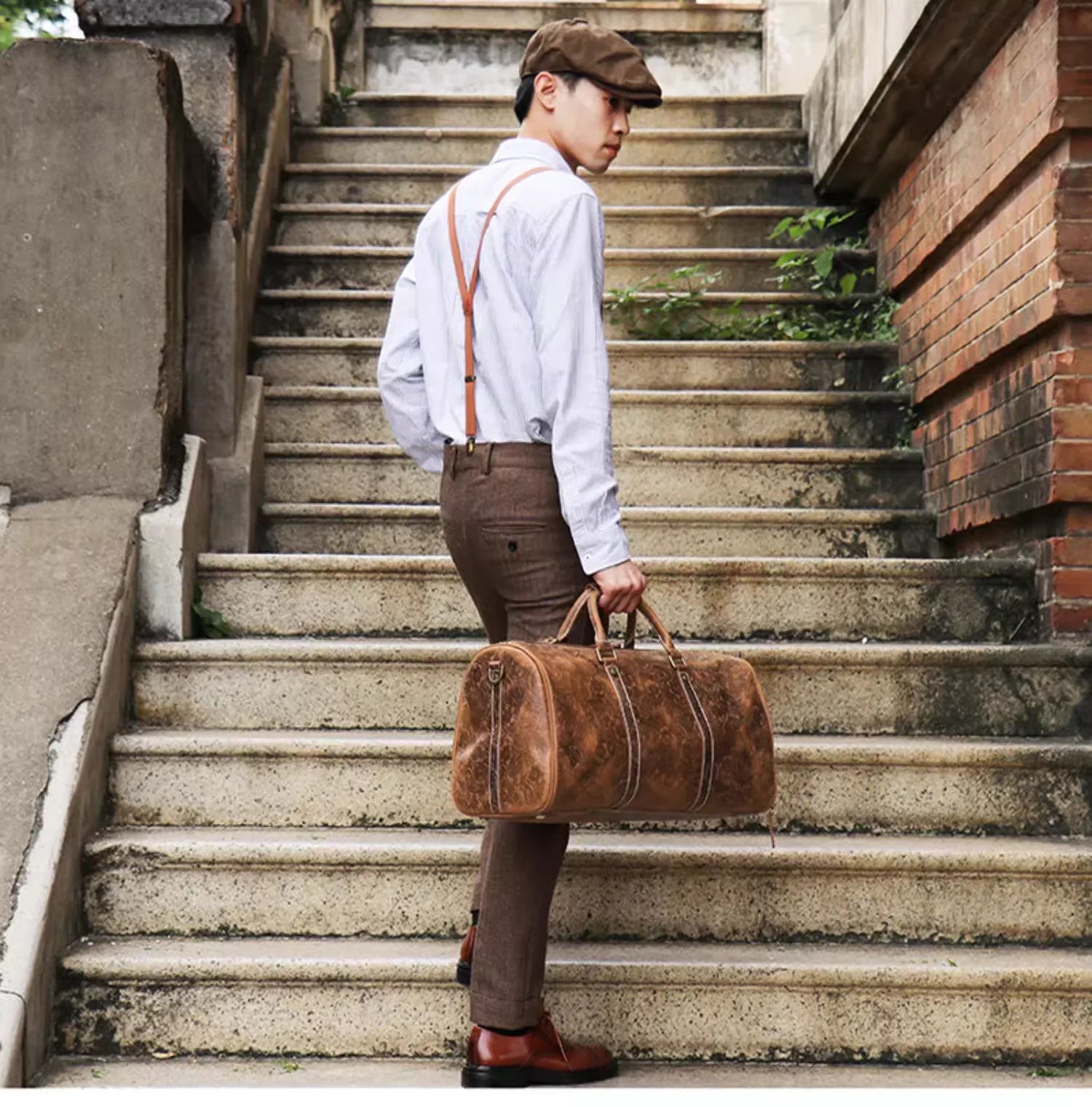 LUOKIR Vintage Leder Tote Reisetasche – Große Travel Duffle Bag aus geprägtem echtem Rindsleder, Premium Wochenend- & Sporttasche