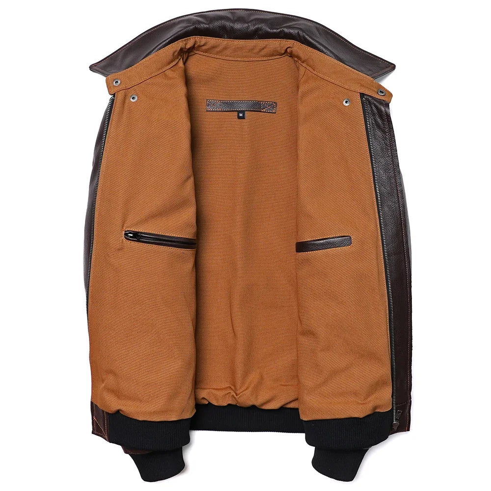 Herren A2 Fliegerlederjacke aus echtem Rindsleder – Klassische Air-Force Lederjacke im Military Stil aus braunem Kalbsleder