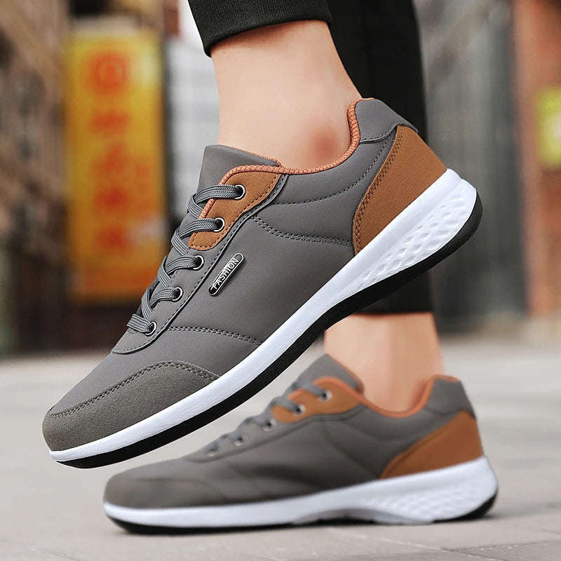 PUAMSS Herren Sneaker aus Leder – Atmungsaktive Sportschuhe, rutschfeste Laufschuhe für Alltag und Training