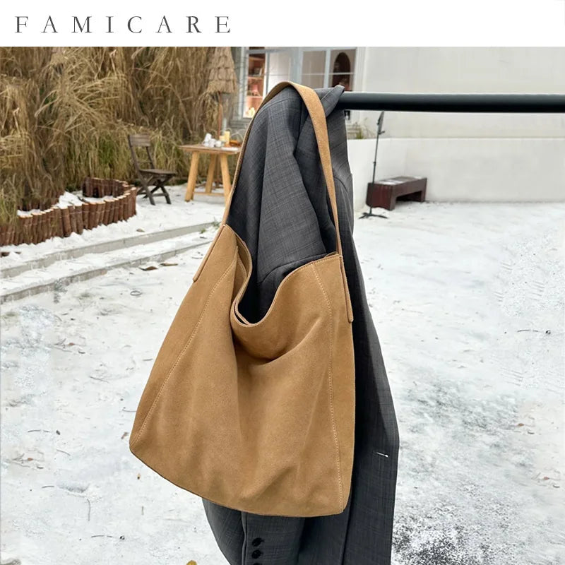 famicare 2025 Damen Frosted Leather Tote Bag – Große Suede Bucket Handbag, Minimalistische Underarm Hobo Schultertasche