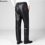 Herren PU Lederhose Herbst/Winter – Elastischer Bund, gerade Casual-Passform, winddichte & warme Motorrad-Kunstlederhose