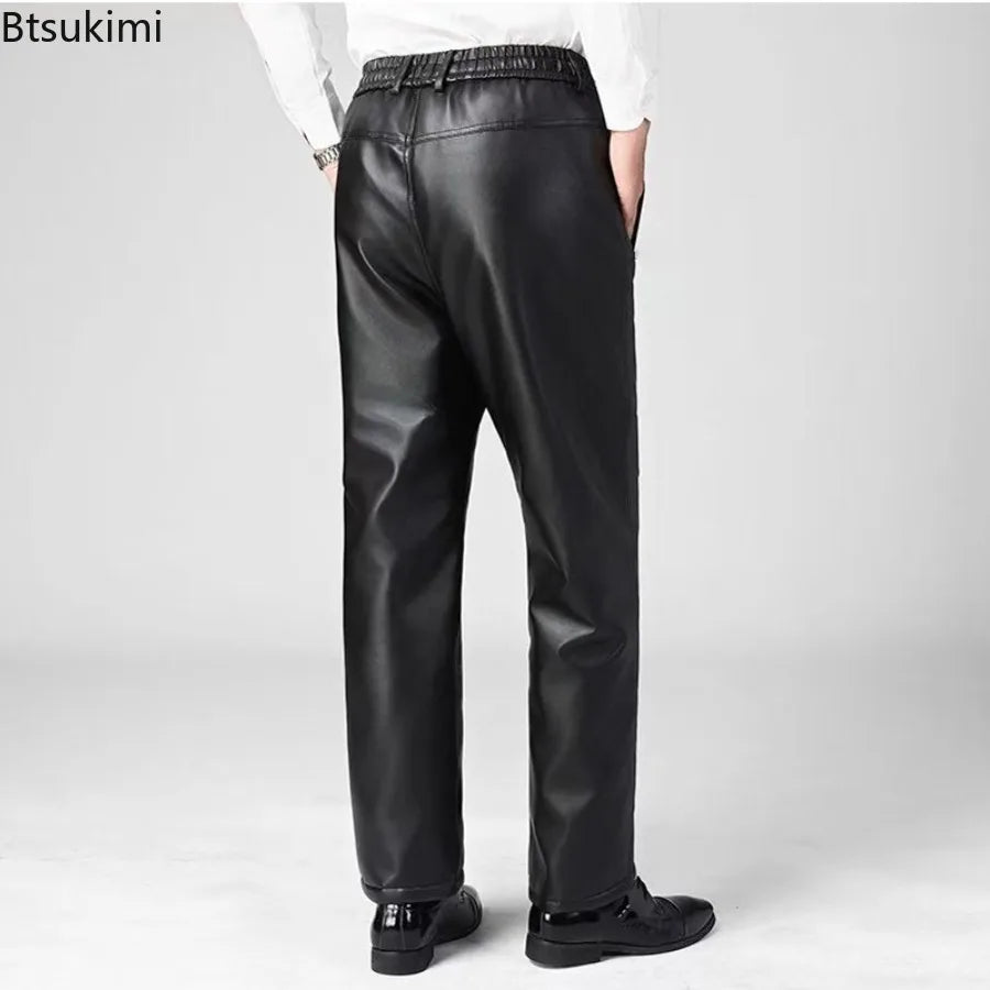 Herren PU Lederhose Herbst/Winter – Elastischer Bund, gerade Casual-Passform, winddichte & warme Motorrad-Kunstlederhose