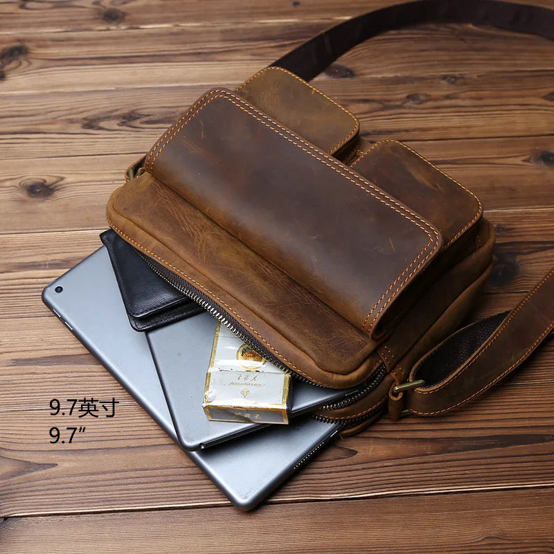NZPJ Retro Herren Leder-Umhängetasche – Crazy Horse Top Layer Cowhide Messenger Bag für 9-Zoll iPad, Casual Schultertasche